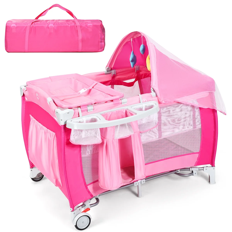 Foldable Baby Crib Playpen Travel Infant Flat Bassinet Bed Mosquito Net Music wi0
