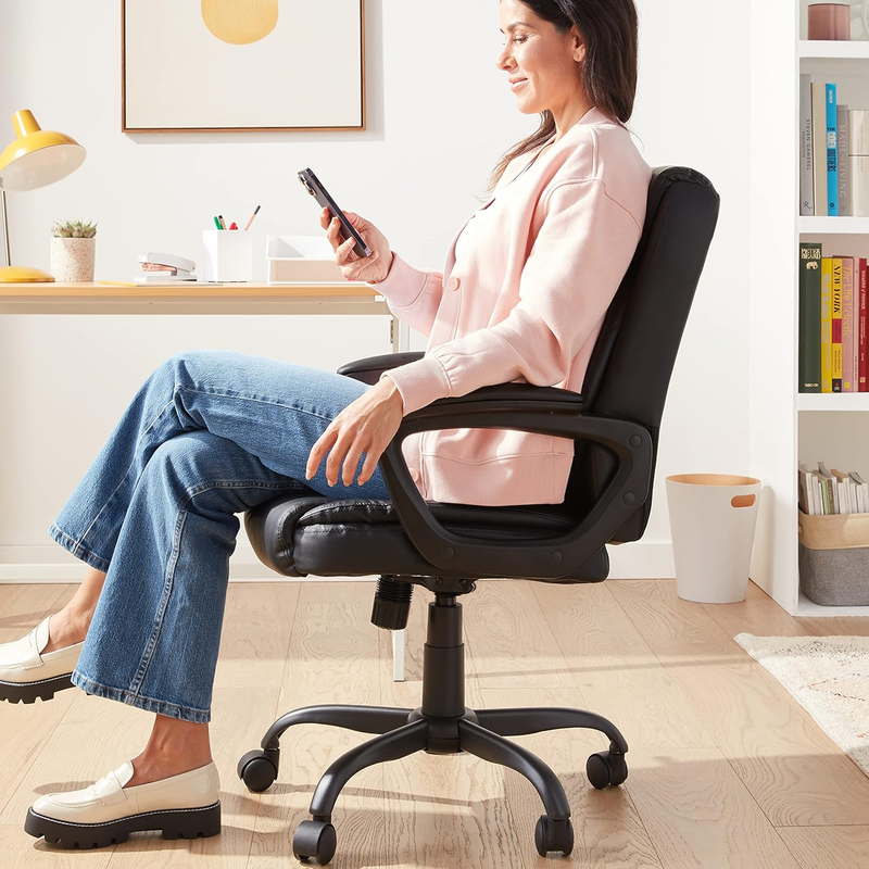 Black PU Padded Office Chair Mid-Back w/ Armrests Metal Base1