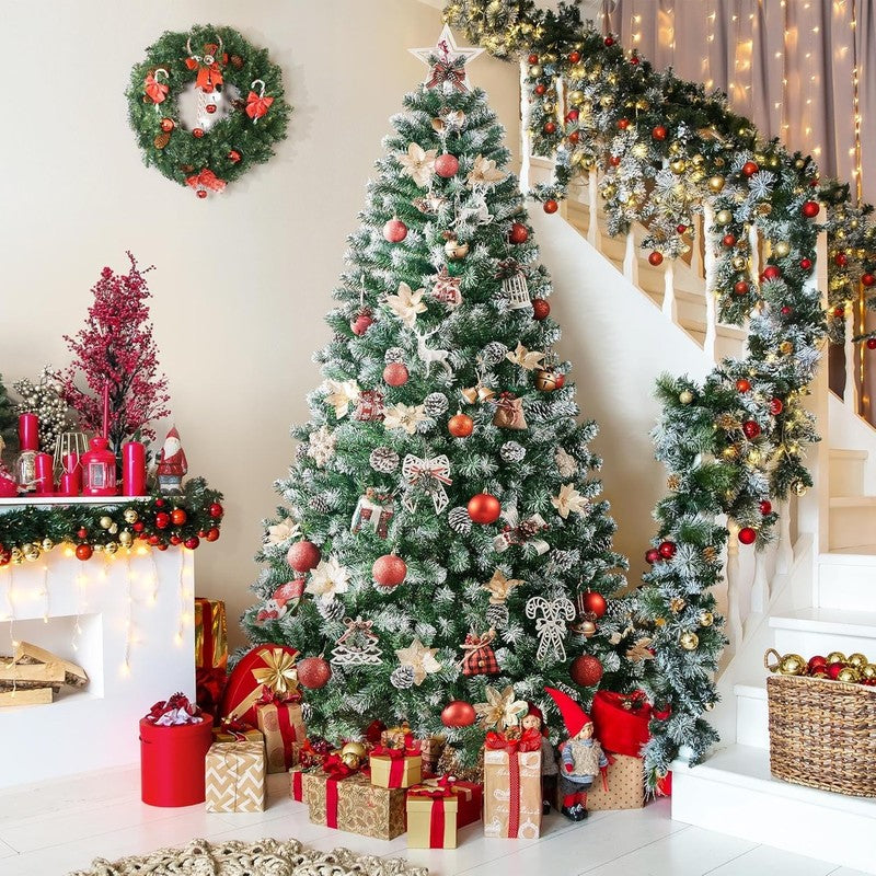 7.5Ft Artificial Christmas Tree, Snow Flocked Christmas Tree W/82 Pinecones, 1348