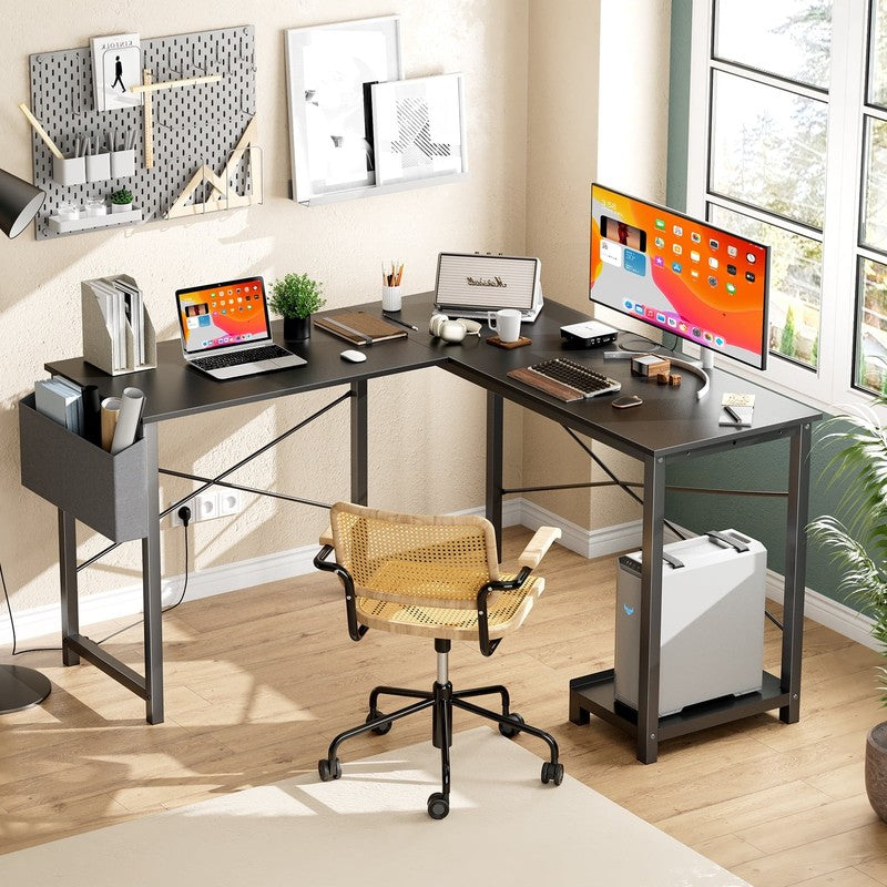 49" Modern L Shaped Computer Desk w/ Storage Shelf & Side Bag Black3