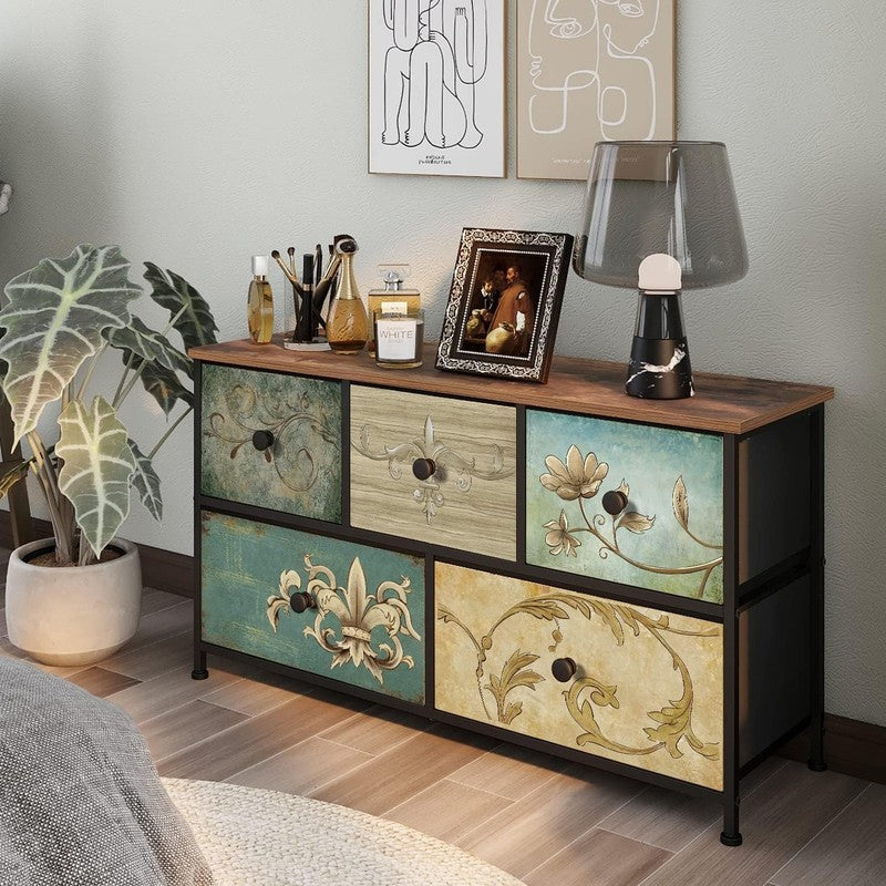 5 Drawer Fabric Dresser Retro Floral Chest Storage Organizer for Bedroom Closet5