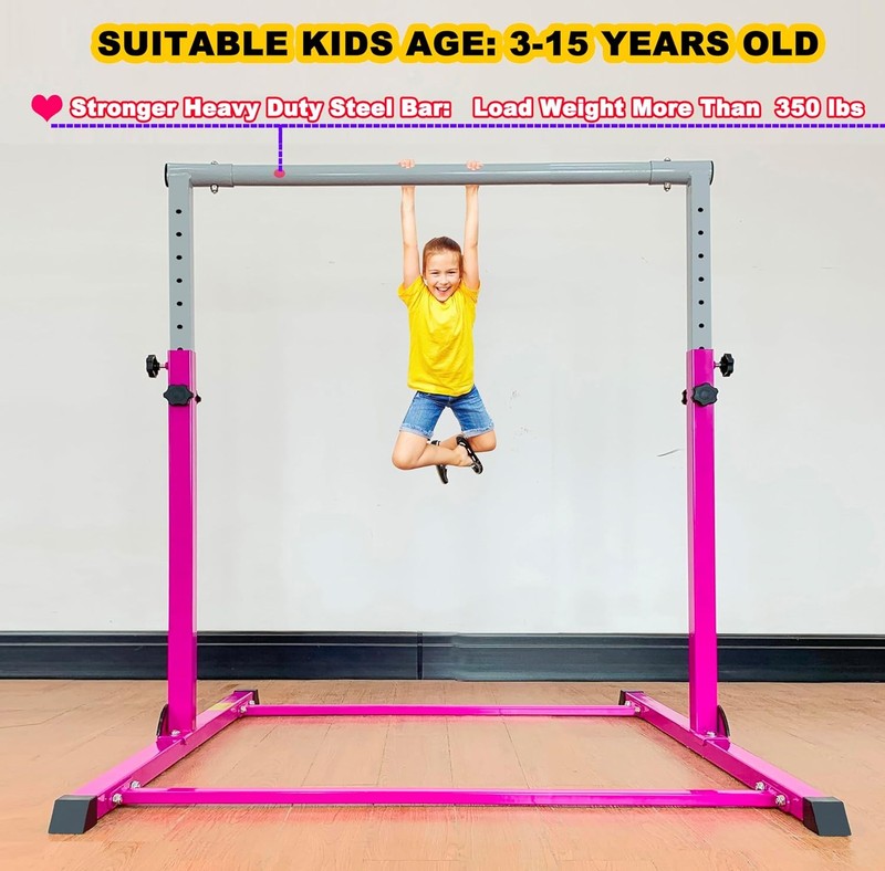 Kids Gymnastic Bar 4FT Wide 5FT Adjustable Kip Bar 350lb Home & Club Training1