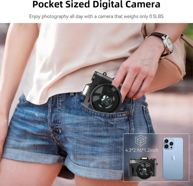 6K Digital Camera 64MP Vlogging WiFi 180° Flip Screen 16X Zoom 32GB Black7