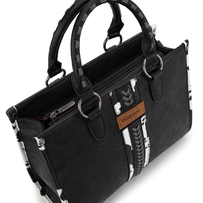 Wrangler Cow Print Tote Bag Women Western Boho Satchel Top Handle Handbag Black1