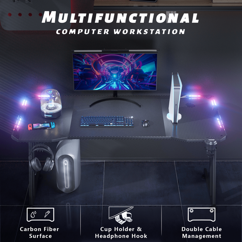 47" Gaming Desk w/ LED Lights, Cup Holder & Headphone Hook Black3