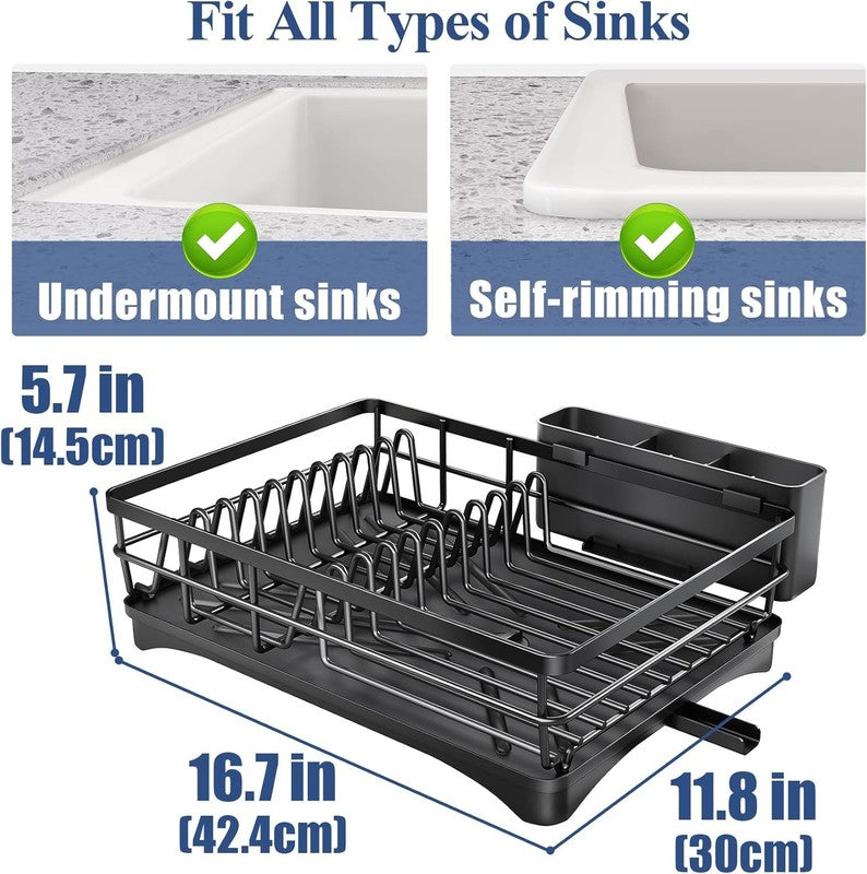 Large Rustproof Dish Drying Rack with Drainboard & Utensil Holder   Black4
