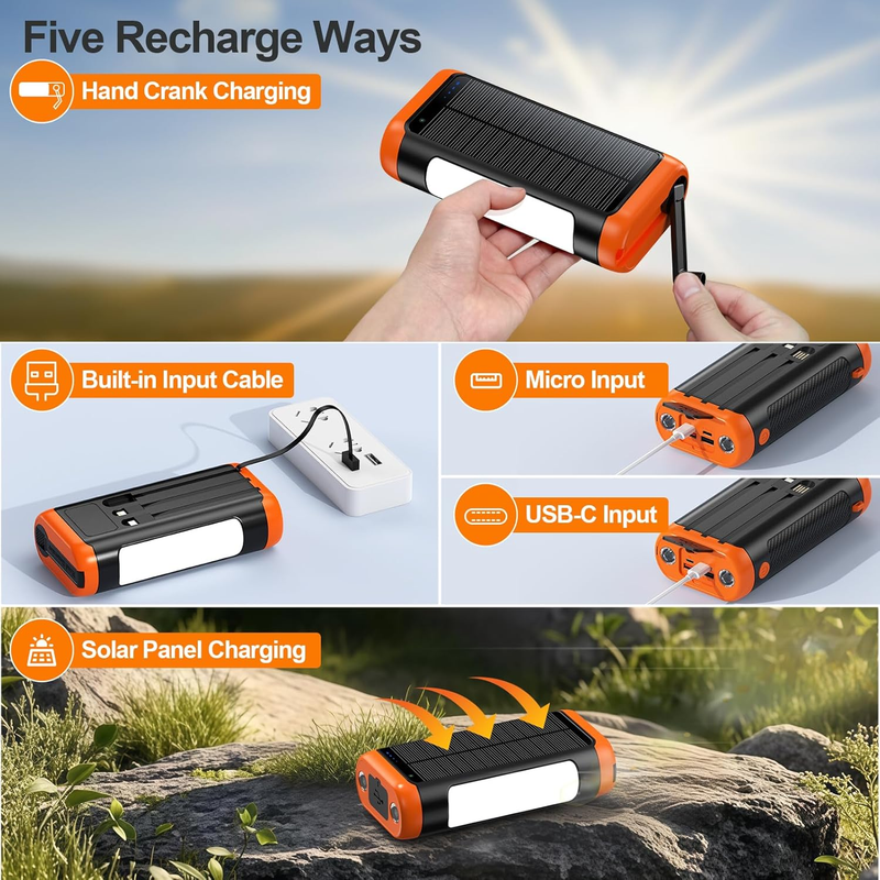 Solar Power Bank 66800mAh Hand Crank 22.5W Fast Charge 5 Output Flashlight5