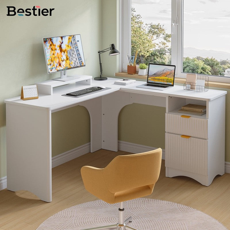 55" L-Shaped Desk with Drawers, Monitor Stand & Fluted Panels White7