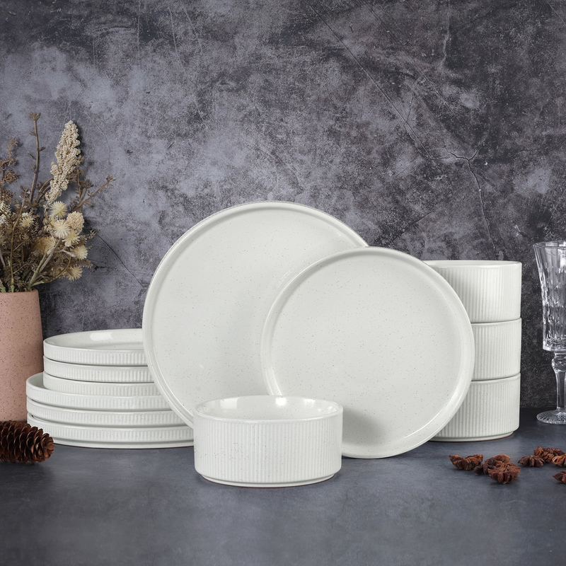 12Pc Stoneware Dinnerware Set for 4 Ribbed Plates Bowls Speckled White5
