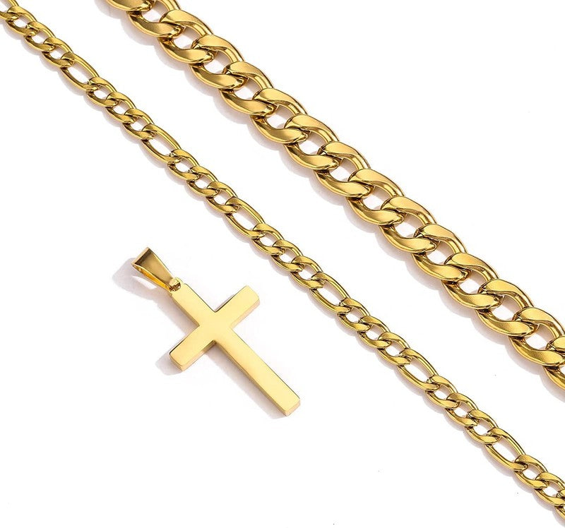 Layered Gold Cross Necklaces for Men Cuban Figaro Chain Set Gift for Dad1