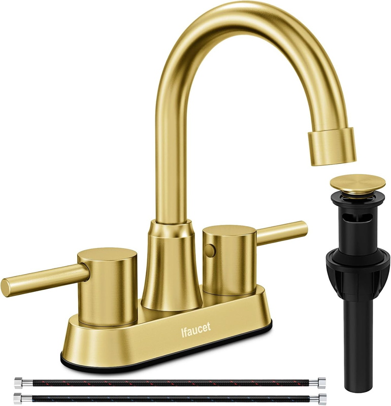 Brushed Gold Bathroom Faucet 4" Centerset 2 Handle w/ Copper Drain0