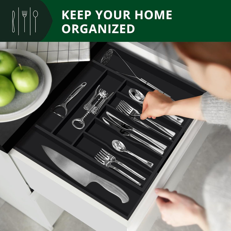 Bamboo Kitchen Drawer Organizer 9 Slot Black Silverware Cutlery Tray3