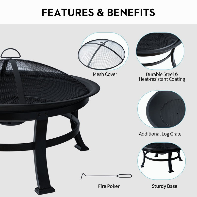 30 Inch Steel Wood Fire Pit with Spark Screen, Cover and Poker2