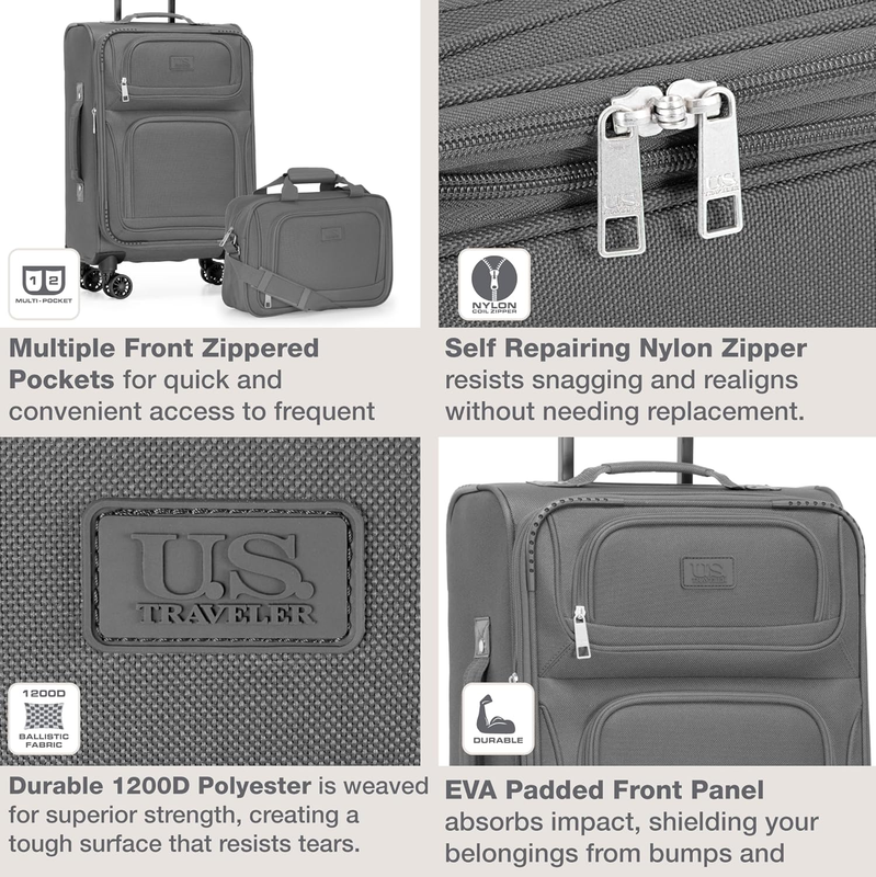 Lightweight Softside Carry On Suitcase 4 Wheel Spinner Luggage Light Gray4