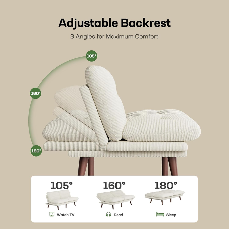 66in Futon Sofa Bed Convertible Corduroy Sleeper Loveseat Adjustable Cream White2