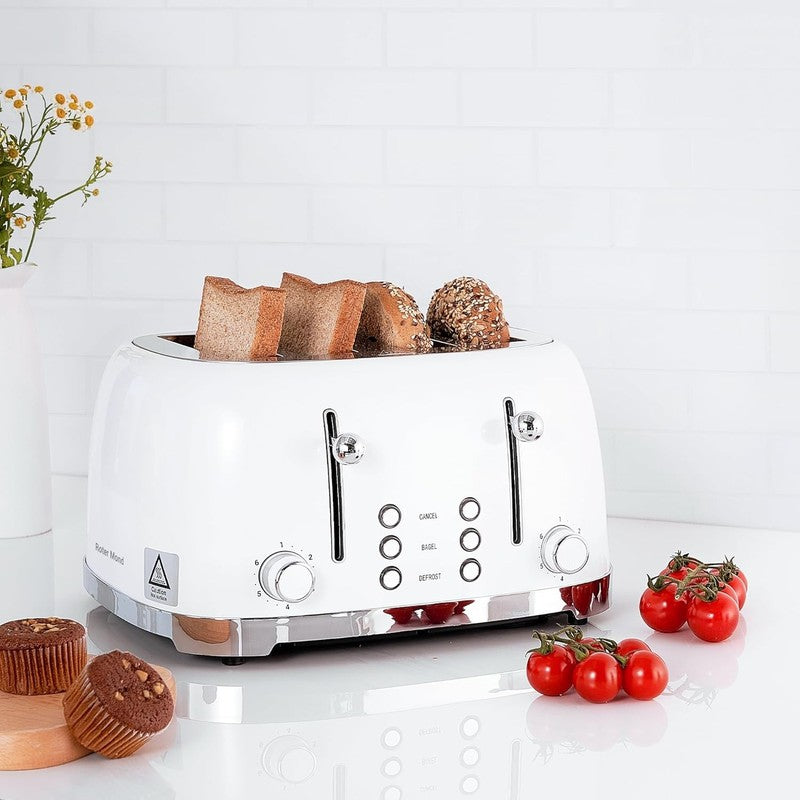 Retro 4 Slice Toaster White ST033 - Wide Slots, Bagel, Defrost, 6 Settings6