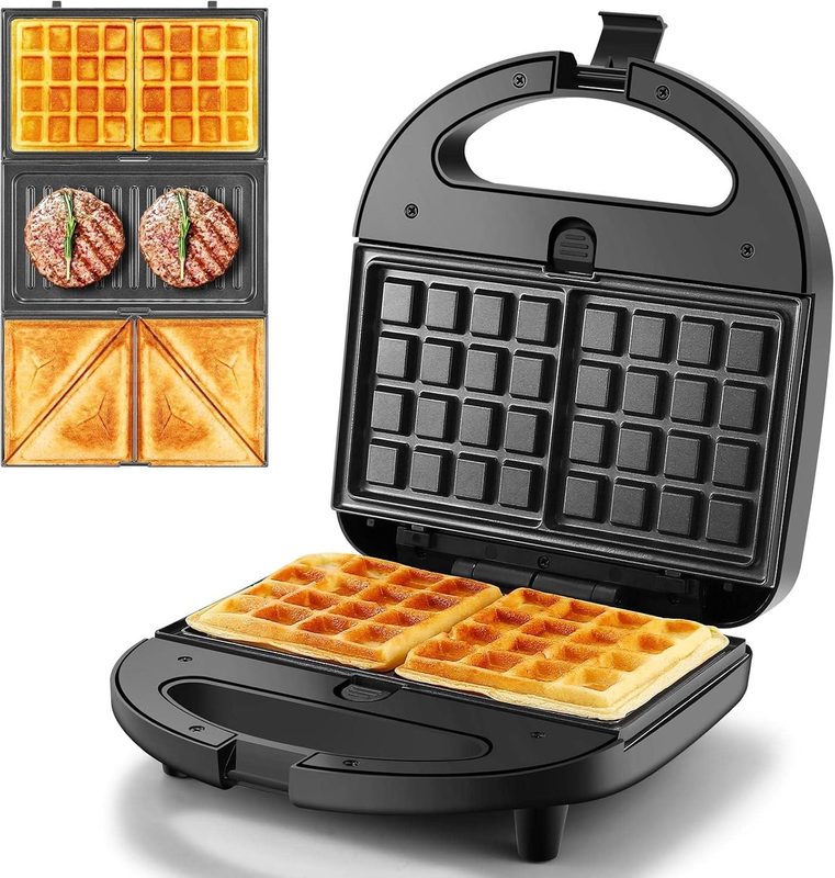 3 in 1 Sandwich Maker Panini Waffle Press Nonstick 750W Compact Black0
