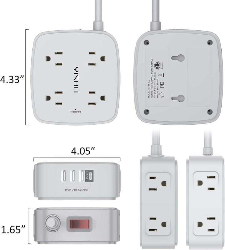 10FT Surge Protector Power Strip 8 Outlets 4 USB Flat Plug Extension Cord6