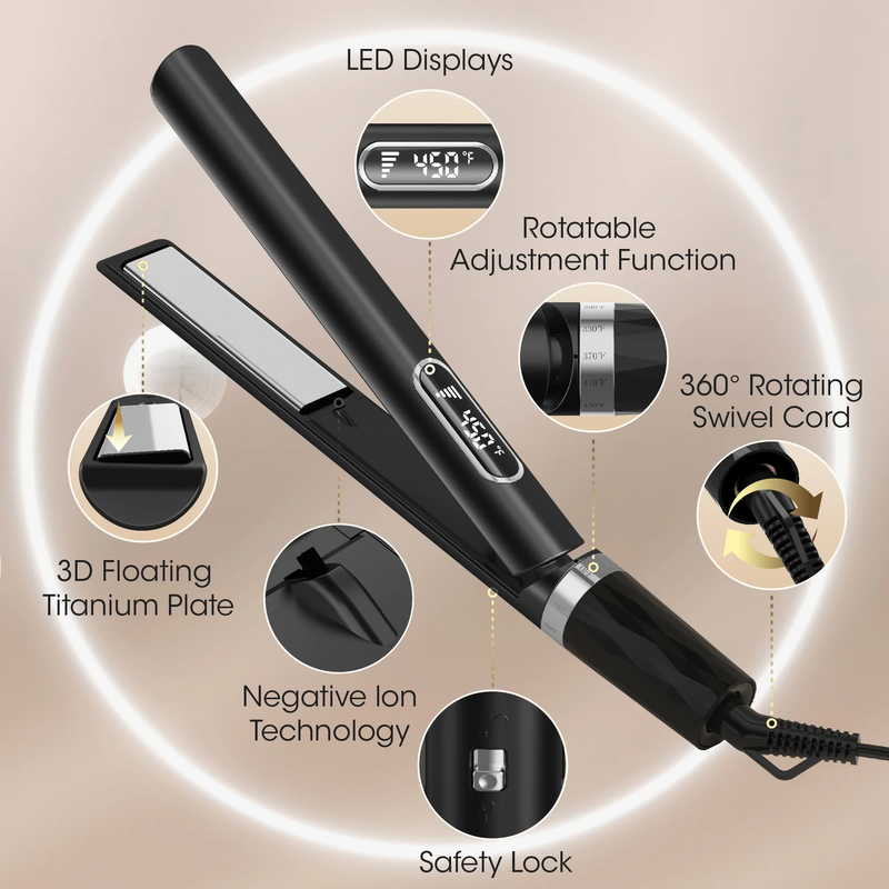 Hair Straightener, 1 Inch Flat Iron Curling, Curling Iron Ceramic, Dual Voltage,3
