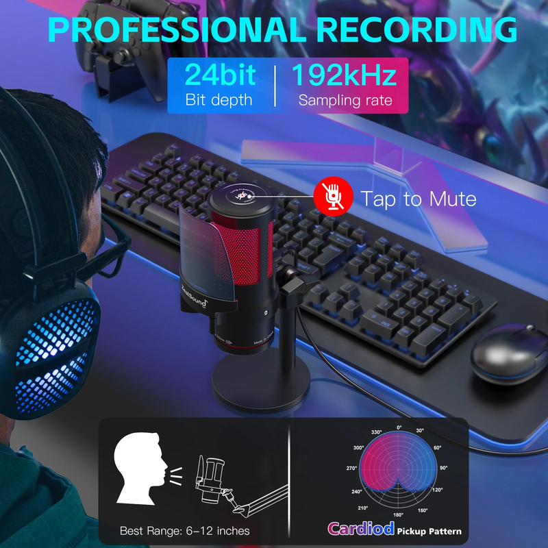 Gaming USB Microphone,Noise Cancellation Condenser Mic with RGB Light,Touch Mute1