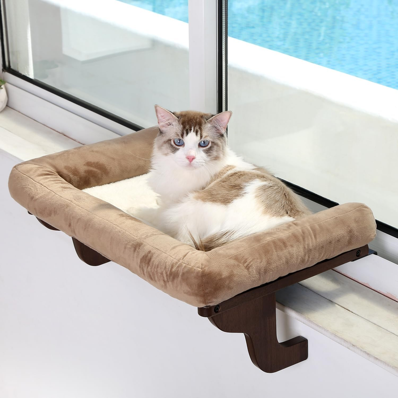 Cat Window Perch Sill Hammock Bed Large Hardwood Metal Frame Dark Wood Brown10