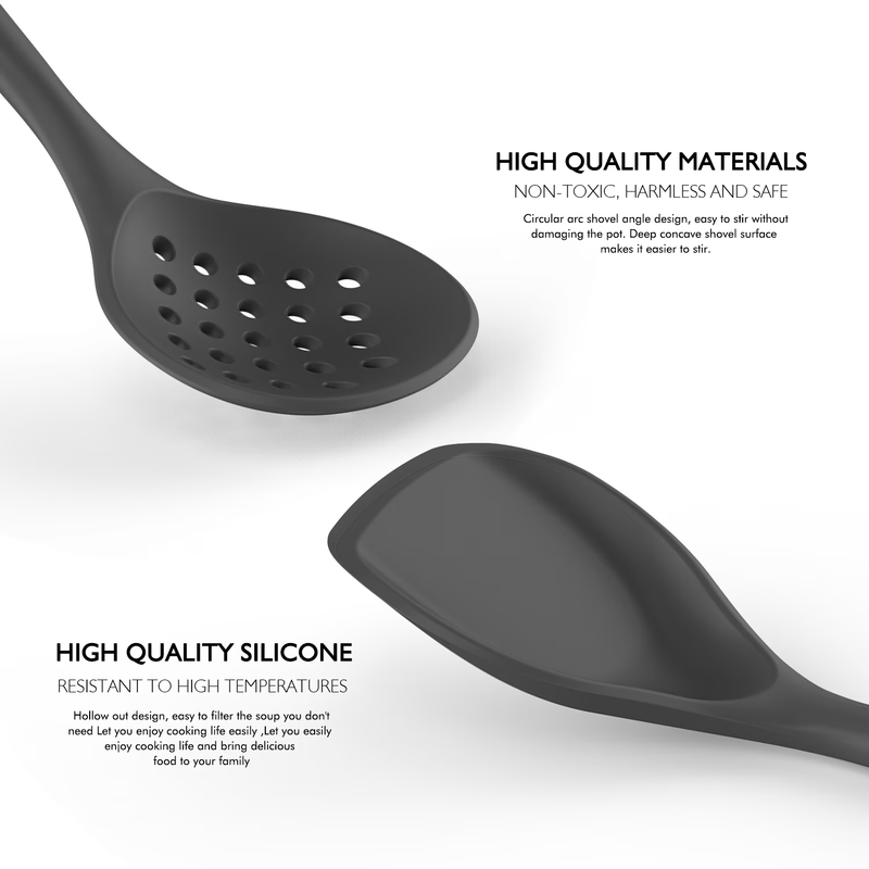 Large Silicone Kitchen Utensil Set Wooden Handle Heat Resistant Black4