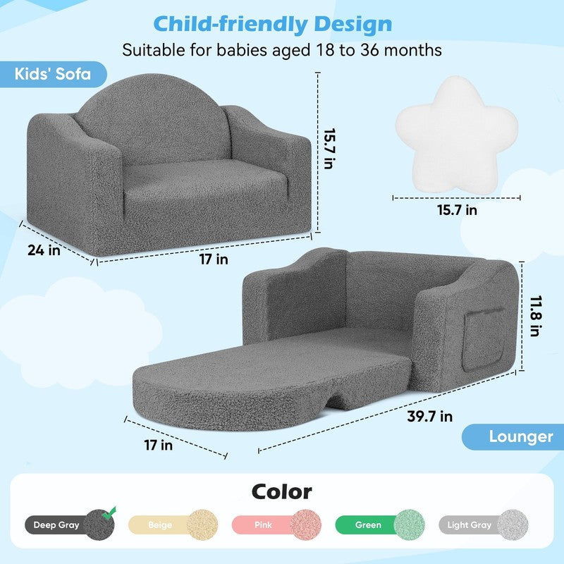 Kids 2 in 1 Toddler Couch Fold Out Soft Convertible Chair Deep Gray Unisex6