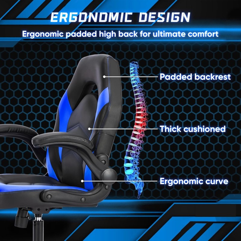Gaming Office Chair PU Leather Ergonomic Swivel Flip Up Arms Lumbar Blue2