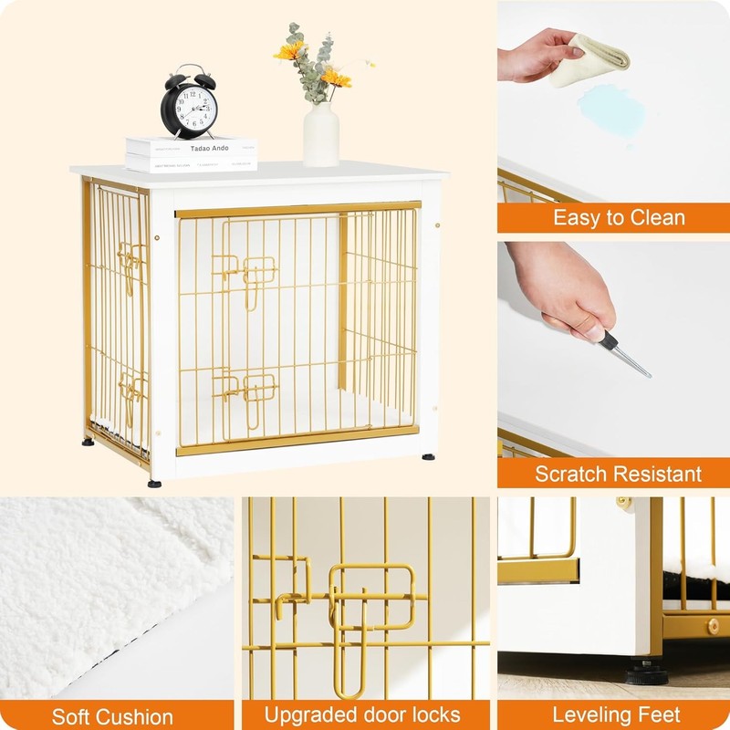 Dog Crate Furniture Table w/Cushion Wooden Kennel Double Door 27.2" White4