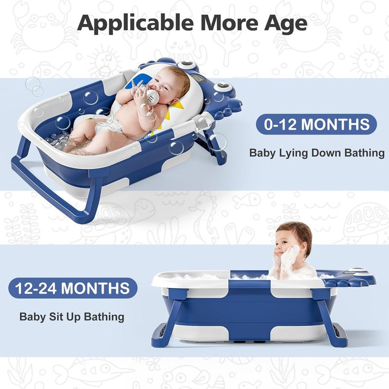 Collapsible Baby Bathtub Thermometer Soft Cushion Foldable Travel Tub Navy Blue2