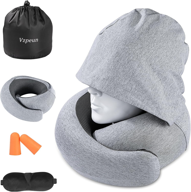 Hooded Memory Foam Travel Neck Pillow w/ Eye Mask & Earplugs – Light Gray9