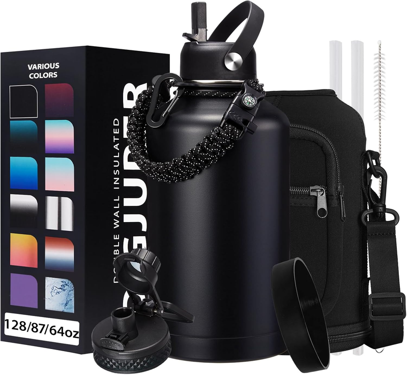64oz Insulated Water Bottle w/ Paracord Handle, Straw & Spout Lids, Carrier Bag10