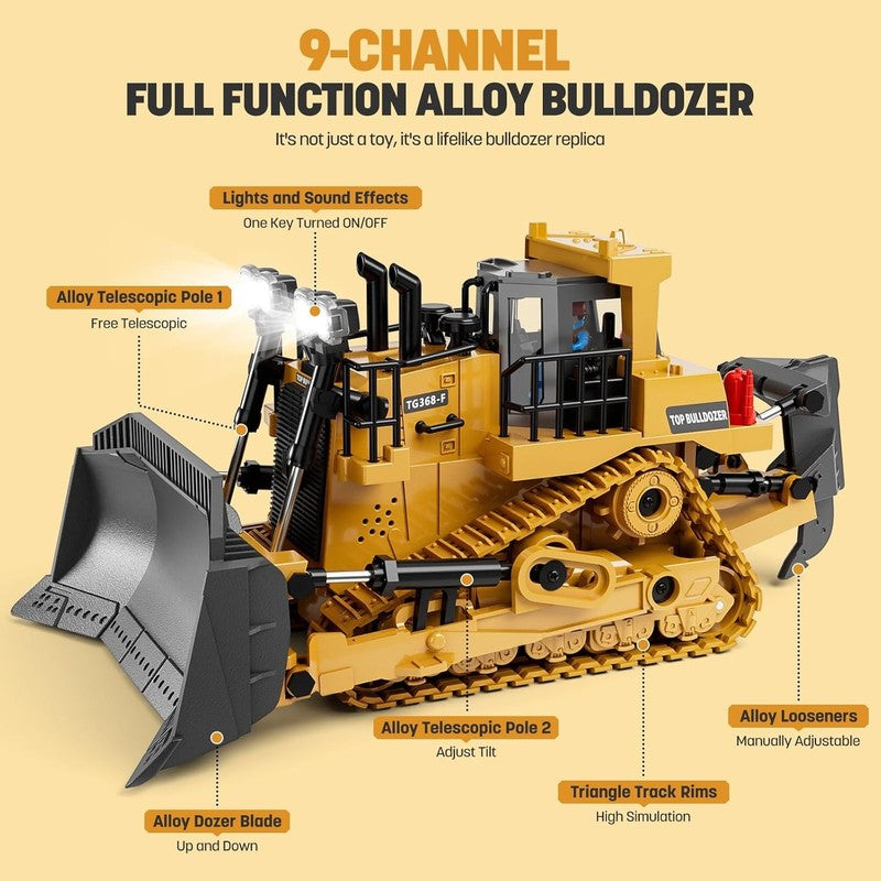 Metal RC Bulldozer Toy for Kids | 9 Channel Remote Control Track Type Tractor wi1