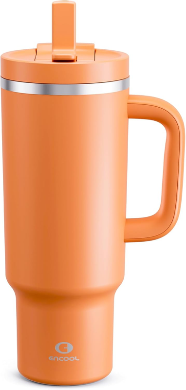Insulated 40 Oz Stainless Steel Tumbler with Handle & Straw   Leakproof Orange10