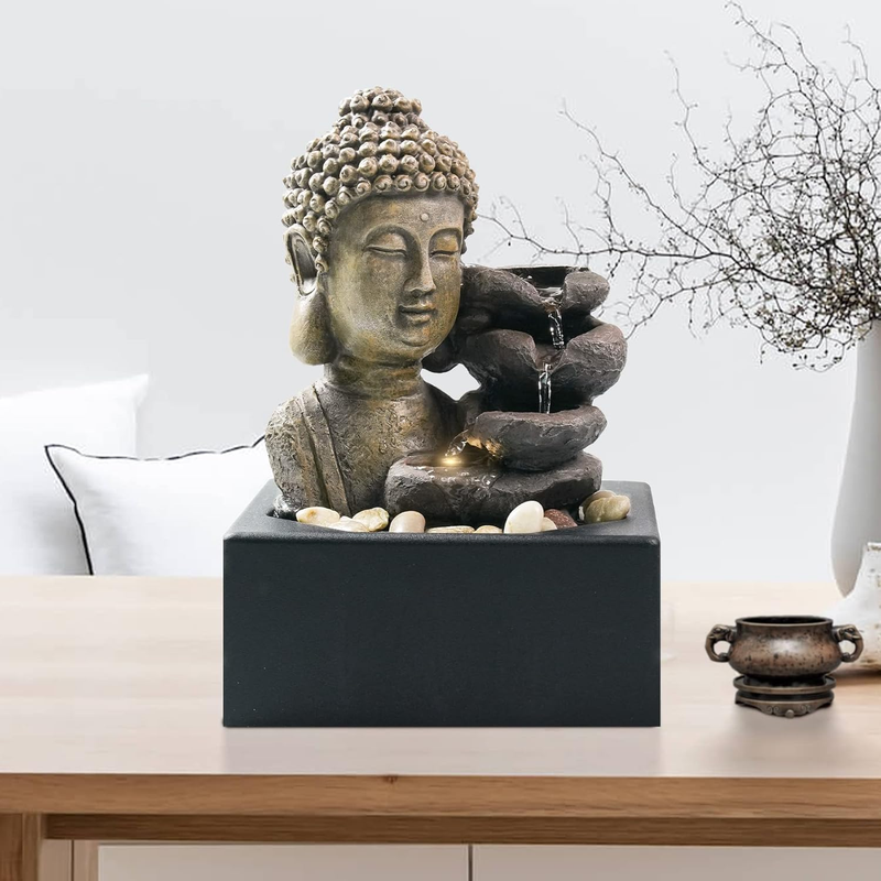 4-Tier Buddha Tabletop Waterfall Fountain LED Zen Indoor Home Office Decor3