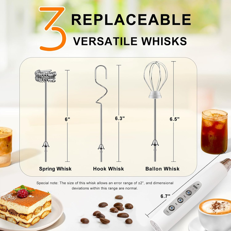 Milk Frother Handheld Rechargeable 3 Speed 3 Heads Coffee Whisk White5