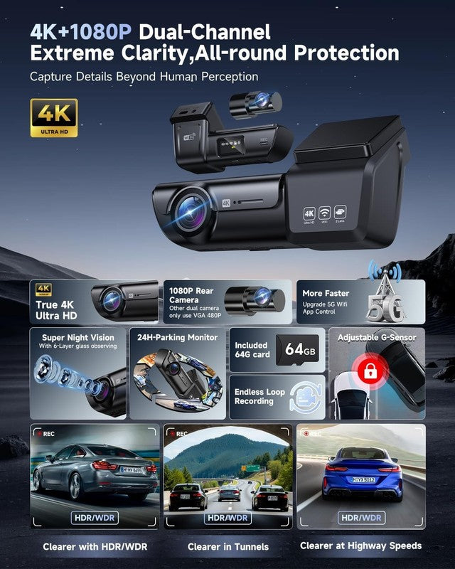 4K+1080P Dual Dash Cam Front Rear w/ 64GB Card 5G WiFi App Night Vision1