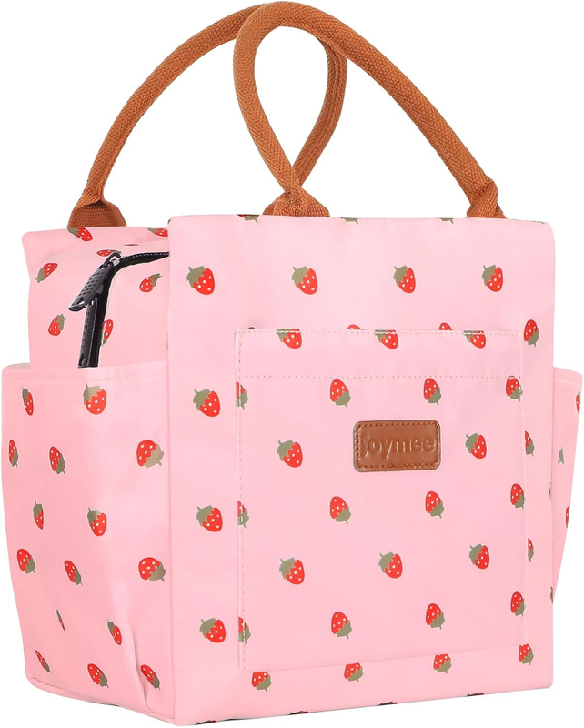 Insulated Lunch Bag Large Reusable Tote w/ Bottle Holder Strawberry Pink0