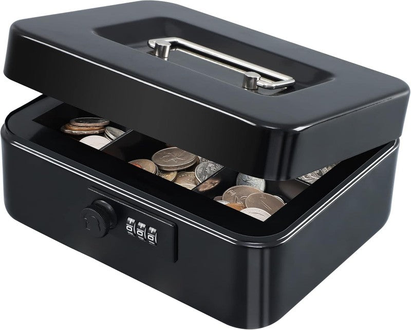 Secure Medium Cash Box with Combination Lock & Tray - Black 7.87"x6.30"x3.54"8