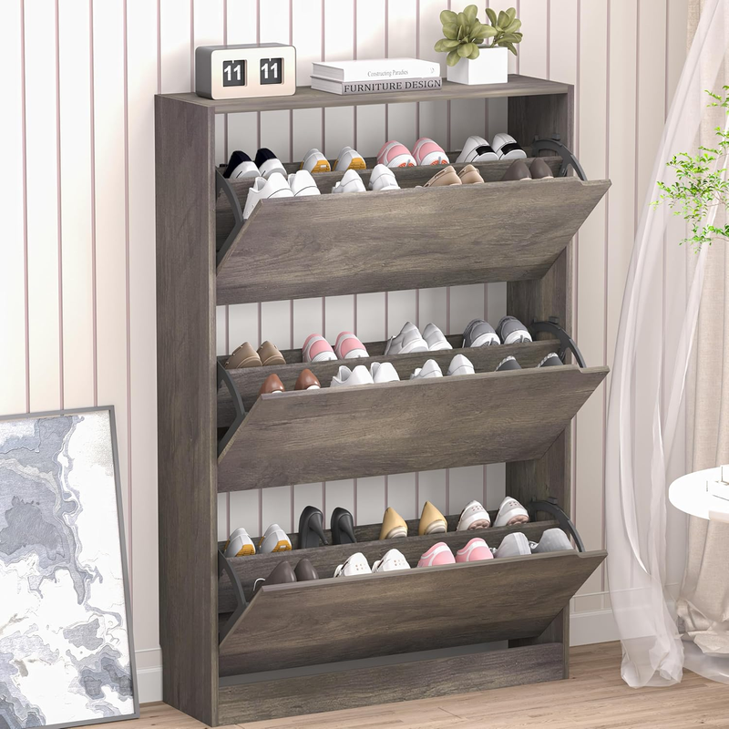 Shoe Cabinet 3 Flip Drawers Freestanding Wood Storage Entryway Hallway10