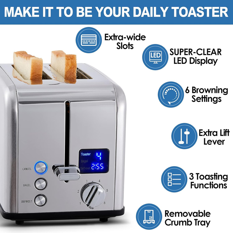 Silver Stainless Steel 2 Slice Toaster - LED Display, Wide Slots, 6 Shades Bagel1