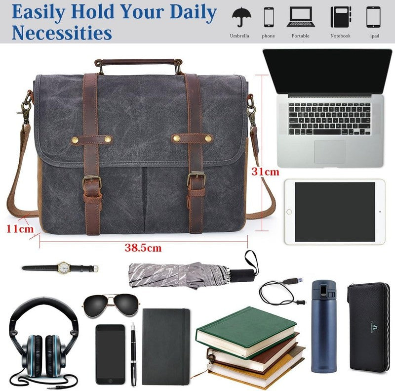 Mens Messenger Bag 15.6" Leather Canvas Waterproof Vintage Laptop Grey3