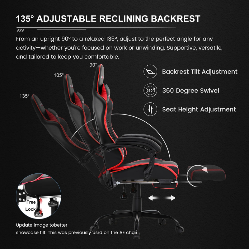 Ergonomic GTWD 200 Chair Gaming Office Adjustable Pillow Footrest Red6