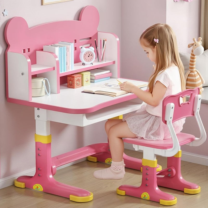 Kids Desk & Chair Set Height Adjustable Study Table w Drawer Bookstand Pink7