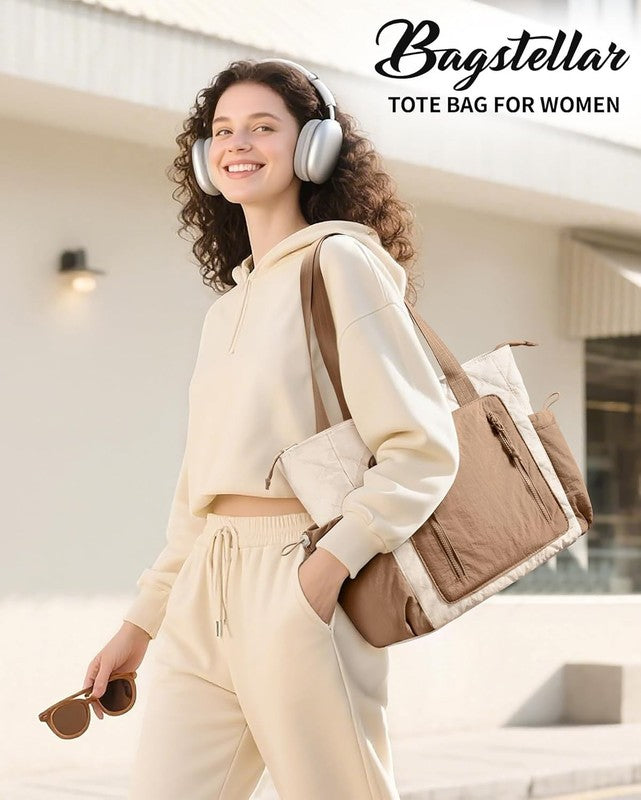 Women’s Puffer Tote Bag Lightweight Quilted Shoulder Handbag Work Laptop Khaki7