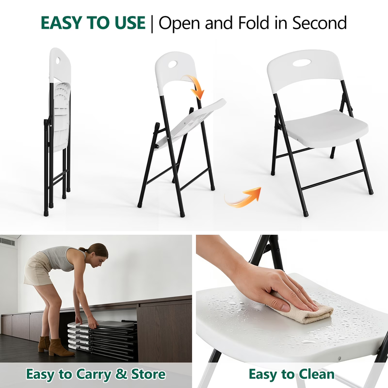 Resin Folding Chair Set of 6, Reinforced Metal Frame Stackable Plastic Folding C6