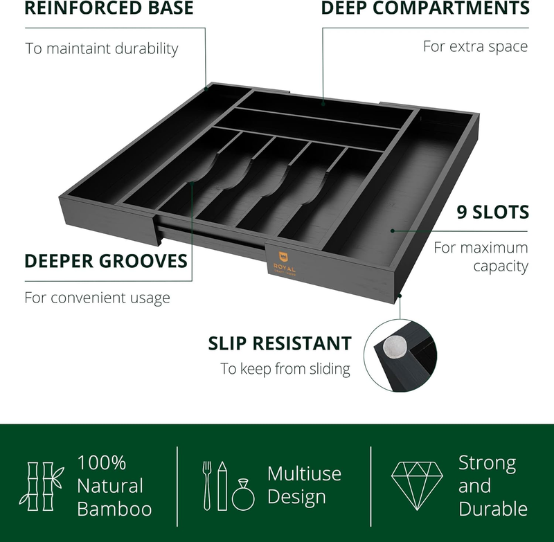 Bamboo Kitchen Drawer Organizer 9 Slot Black Silverware Cutlery Tray2