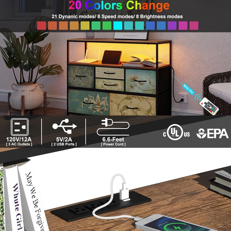 TV Stand Dresser with Power Outlet LED Light 6 Fabric Drawers Retro Storage3