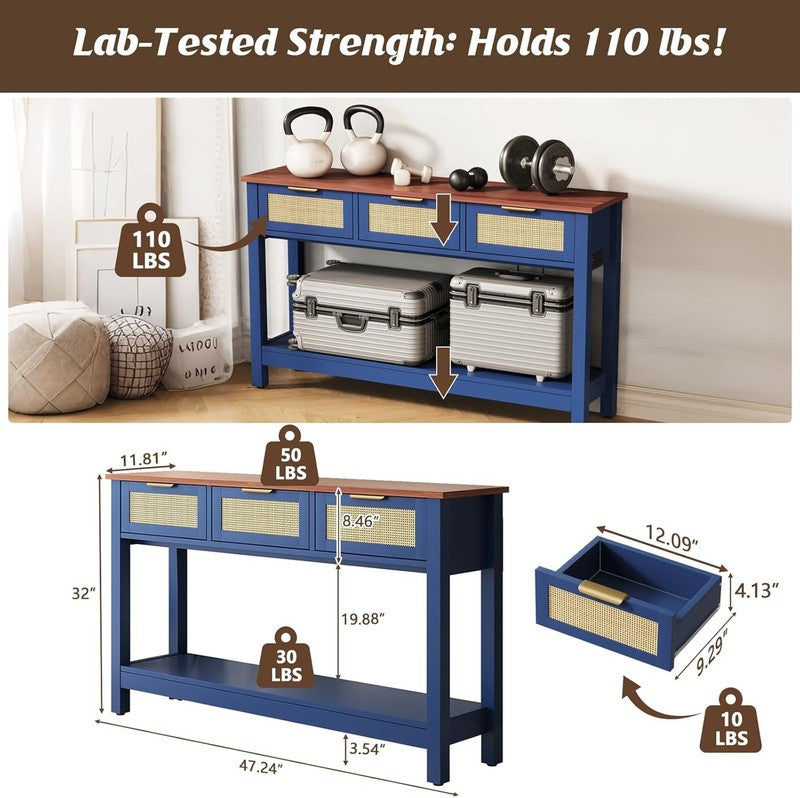 47'' Blue Entryway Console Table 3 Rattan Drawers Open Shelf Sofa Table1