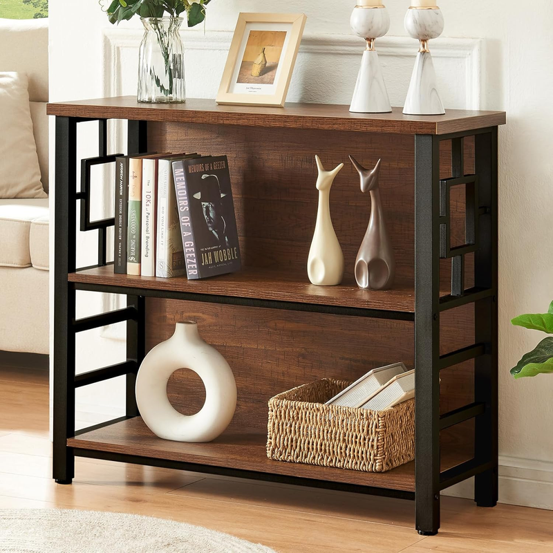 3 Tier Bookshelf Rustic Brown Engineered Wood Metal Storage Bookcase Low9